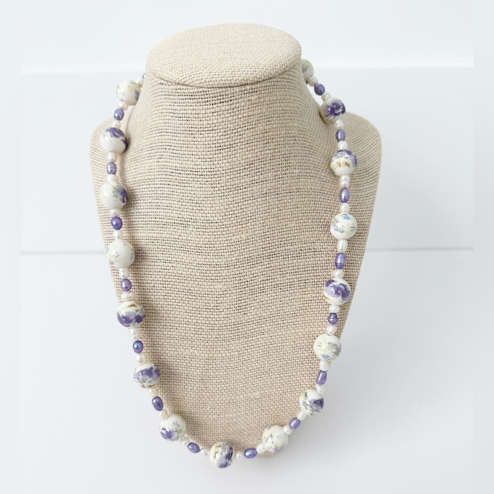 NWT Genuine Pearls & Ceramic Beads Necklace Floral White Purple